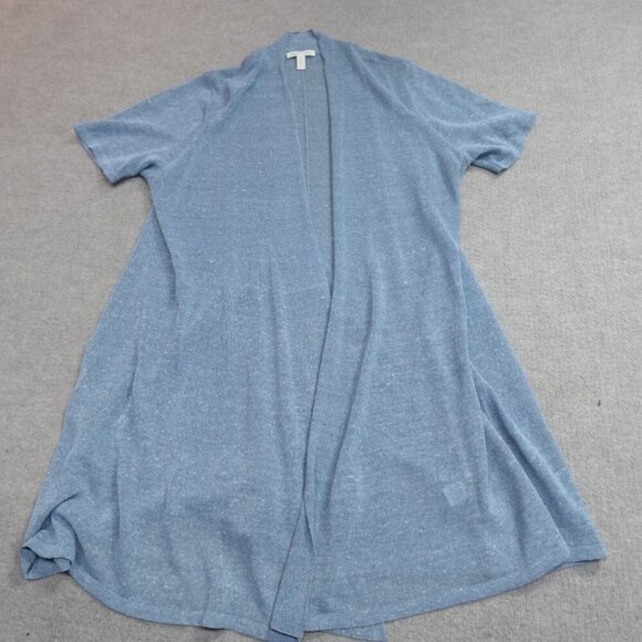 Eileen Fisher Womens Sweater Large Blue Open Front Loose Knit Organi Linen Blend - Picture 1 of 9